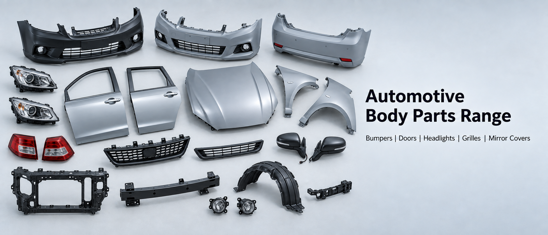 Automotive body parts range — bumpers, doors, headlights, grilles and mirror covers